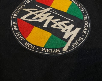 Rare 90's Vintage Stussy Rasta Symbol Wool Leather Sleeve Varsity