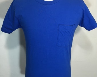 80's fruit of the room pocket t shirt 100% cotton blue size medium