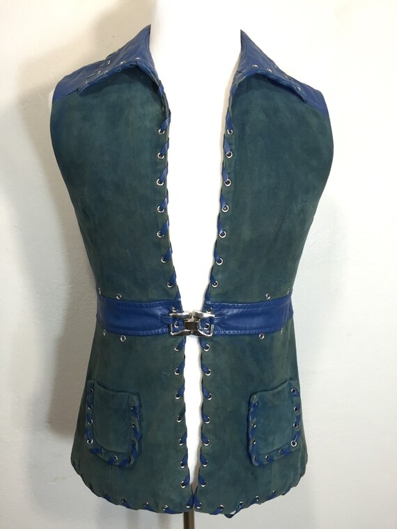 70's vintage leather wool vest suede light navy bl