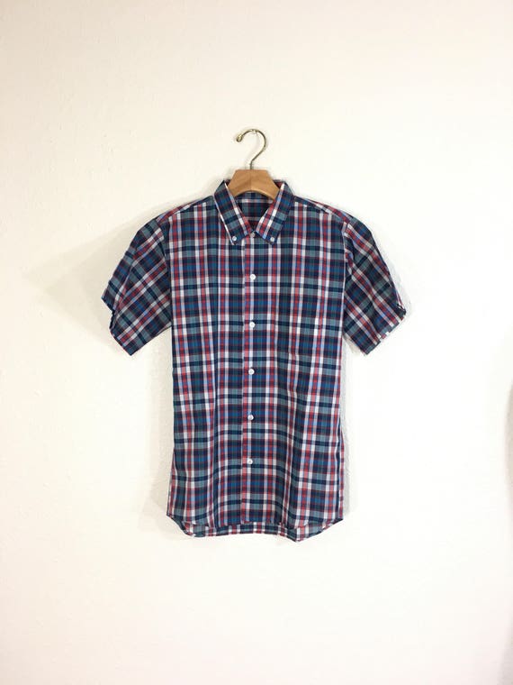 70's vintage plaid button down short sleeve shirt… - image 1