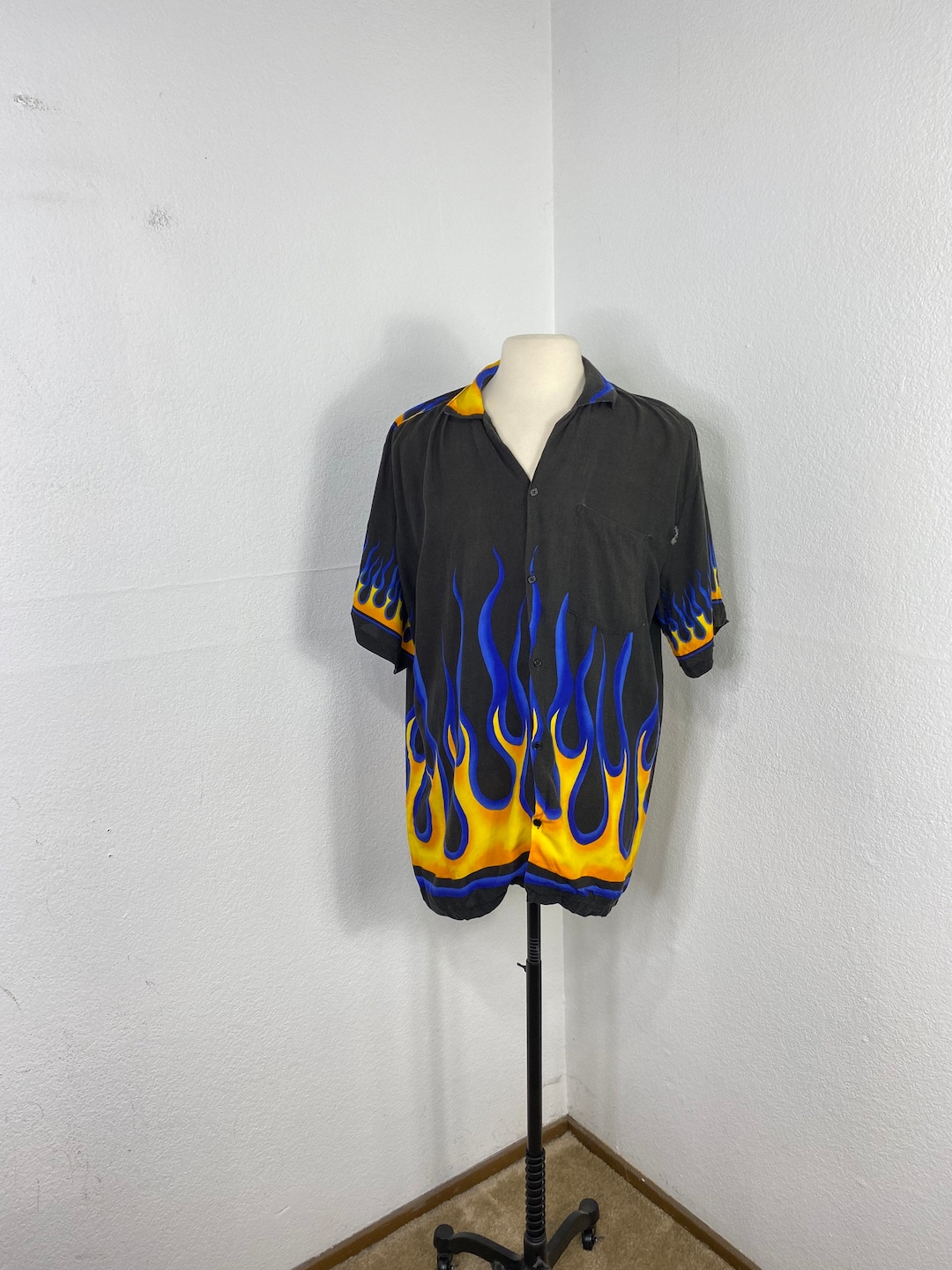90s Vintage 100% Rayon Fire Flame Pattern Open Collar Button Down 
