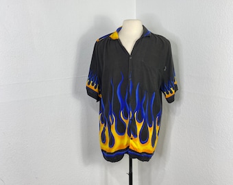 90s vintage 100% rayon fire flame pattern open collar button down shirt