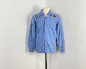 70s vintage embroidery denim western shirt cowboy chambray size 36