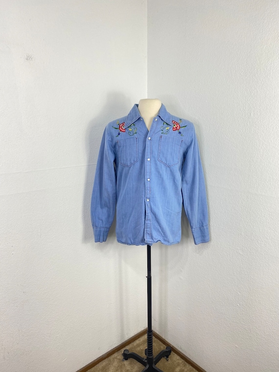 70s vintage embroidery denim western shirt cowboy… - image 1