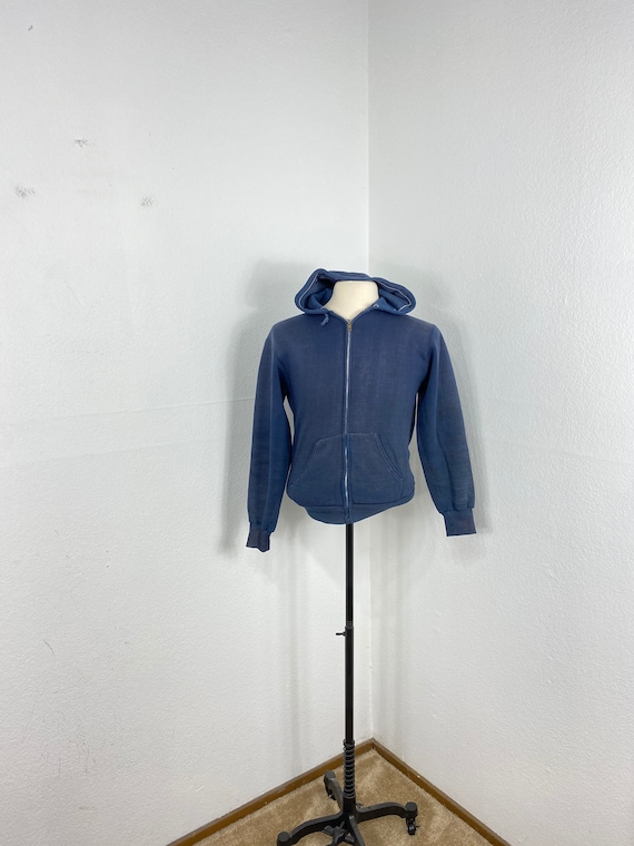 70s vintage zip up hoodie faded navy blue blank