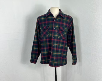 70s pendleton 100% wool flannel shirt open collar red plaid made in usa size Medium
