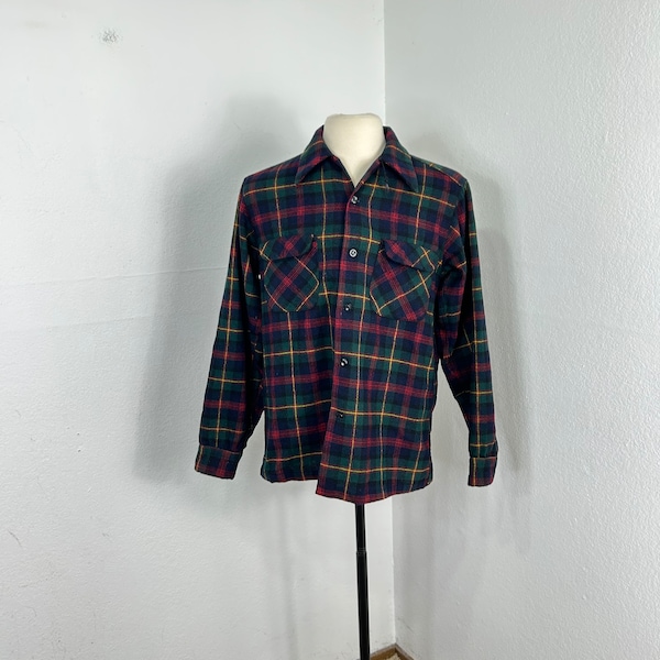 70s pendleton 100% wool flannel shirt open collar red plaid made in usa size Medium