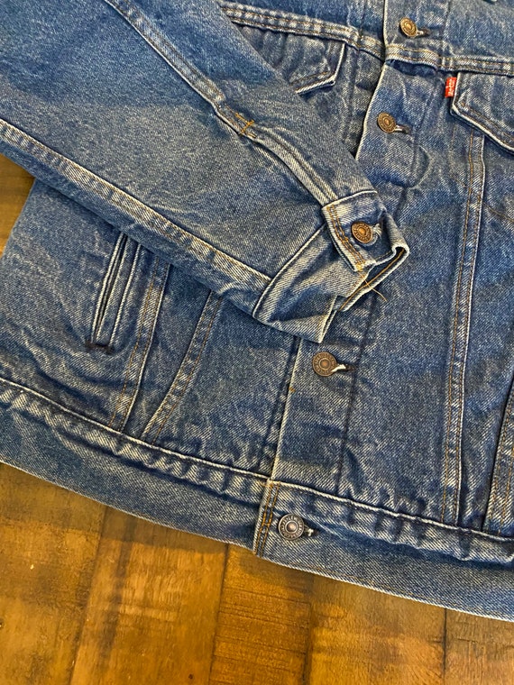 80s vintage levis 70506 denim trucker jacket wool… - image 5