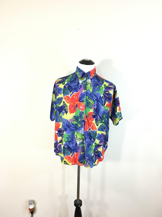 80's vinvage rayon all over print shirt flower pr… - image 1