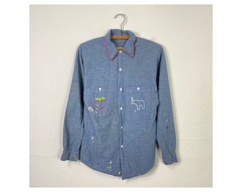 70's vintage distressed chambray shirt work embroidery wear button down shirt size