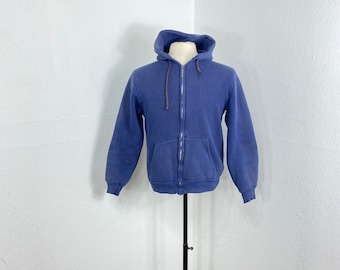 60s vintage 100% cotton zip up thermal lined hoodie faded navy blue color 865667