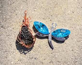 Moldavite Wire Wrapped Pendant with Dragonfly Charm | Raw Moldavite Necklace | Transformation & Spiritual Growth