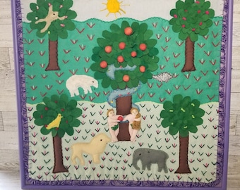 Vintage Adam and Eve Applique Tapestry: Indonesian Frame, Bible Story Folk Art