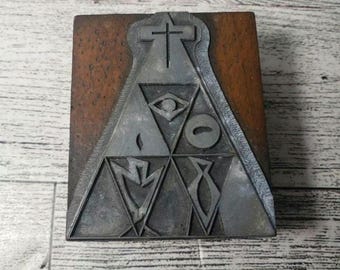 Letterpress Printing Block Religious Symbols Cross Dove Fish Eye Emblem Vintage print block