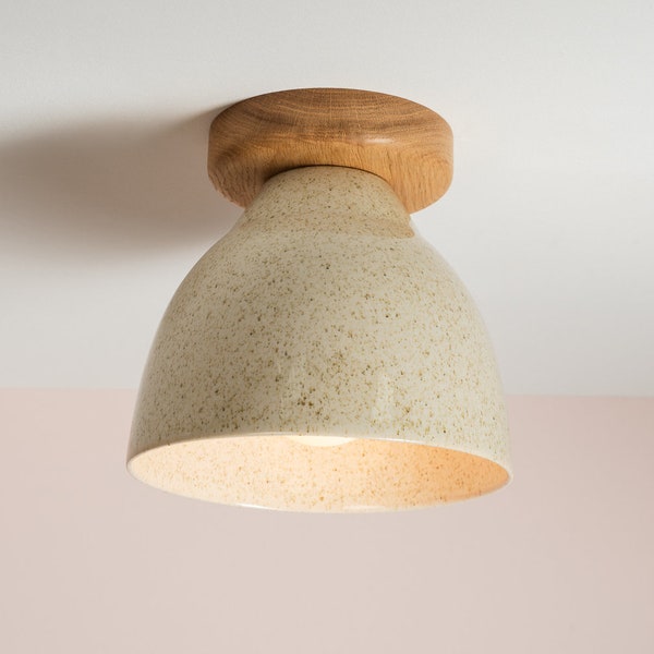 Speckled Cream Gloss Element Flush Mount Ceiling Light in Ceramic and Oak