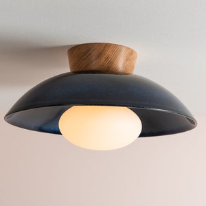 Blue Dawn Flush Mount Ceiling Light in Ceramic and Oak