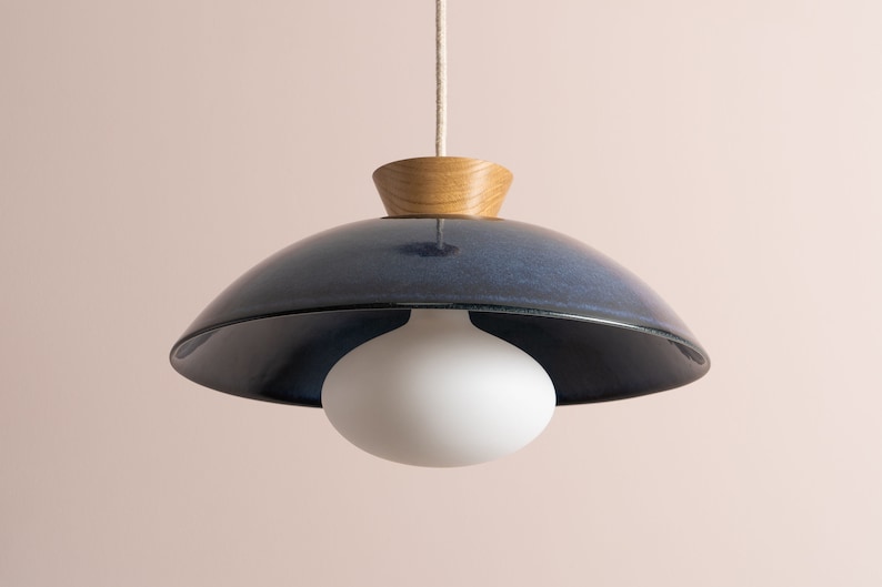 Blue Dawn Pendant Light in Ceramic and Oak image 5