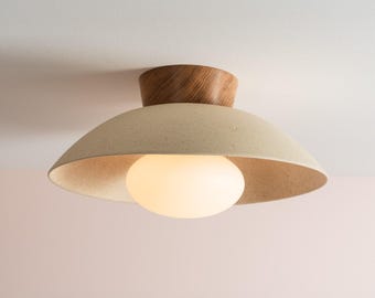 Speckled Cream Matt Dawn Flush Mount Ceiling Light in Ceramic and Oak