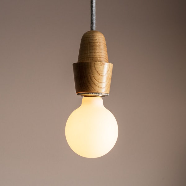 Wooden Element Pendant Light Fixture with Linen Cable and Solid Oak Ceiling Rose