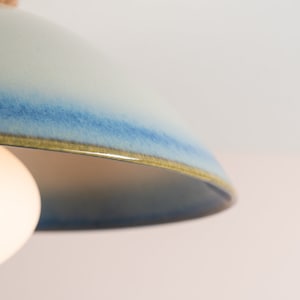 Blue and White Dawn Flush Mount Ceiling Light in Ceramic and Oak image 3
