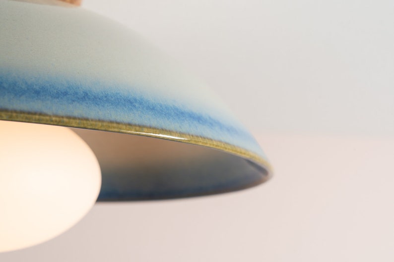 Blue and White Dawn Flush Mount Ceiling Light in Ceramic and Oak image 3