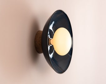 Blue Dawn Wall Light Sconce in Ceramic and Oak