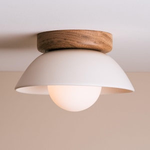 White Small Dawn Ceiling Light in Ceramic and Oak