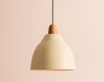 Speckled Cream Matt Element Pendant Light in Ceramic and Oak