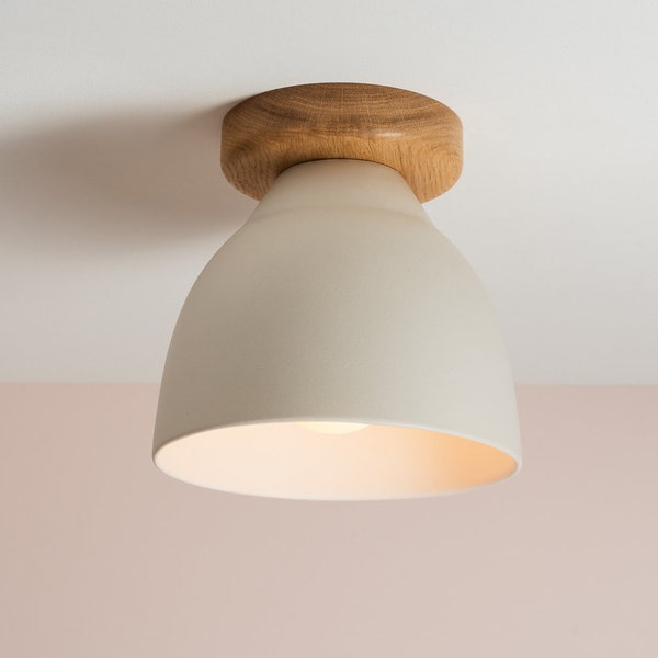 White Element Flush Mount Ceiling Light in Ceramic and Oak