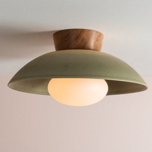 Green Dawn Flush Mount Ceiling Light in Ceramic and Oak