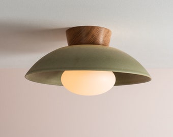 Green Dawn Flush Mount Ceiling Light in Ceramic and Oak