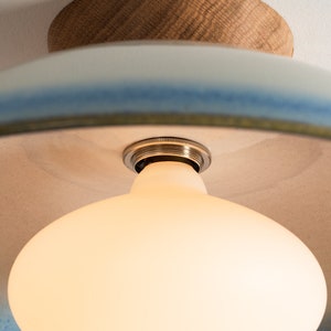 Blue and White Dawn Flush Mount Ceiling Light in Ceramic and Oak image 2