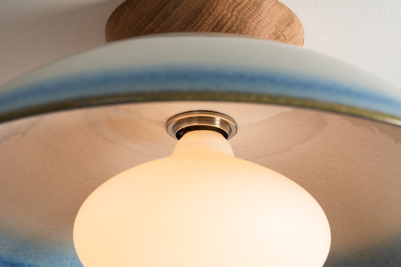 Blue and White Dawn Flush Mount Ceiling Light in Ceramic and Oak image 2