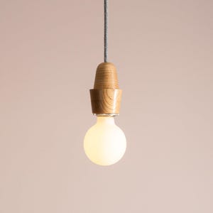 Wooden Element Pendant Light Fixture with Linen Cable and Solid Oak Ceiling Rose