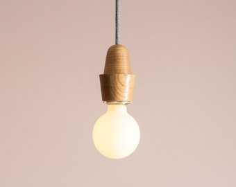 Wooden Element Pendant Light Fixture with Linen Cable and Solid Oak Ceiling Rose