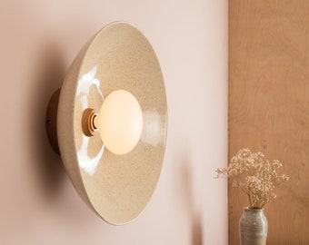 Speckled Cream Gloss XL Dawn Wall Light Sconce in Ceramic and Oak