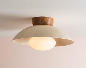 Speckled Cream Gloss Dawn Flush Mount Ceiling Light in Ceramic and Oak
