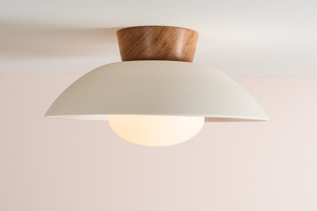 White Dawn Flush Mount Ceiling Light in Ceramic and Oak - Etsy