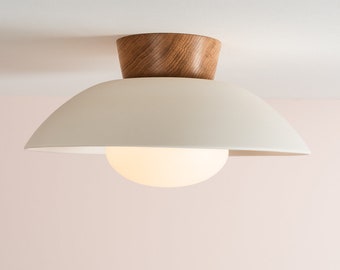 White Dawn Flush Mount Ceiling Light in Ceramic and Oak