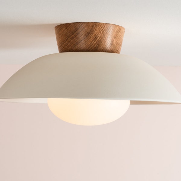 White Dawn Flush Mount Ceiling Light in Ceramic and Oak