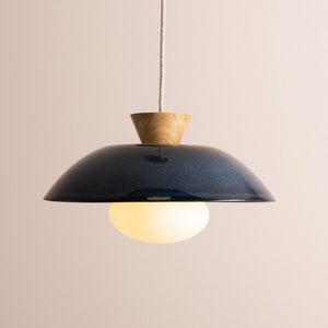 Blue Dawn Pendant Light in Ceramic and Oak image 1