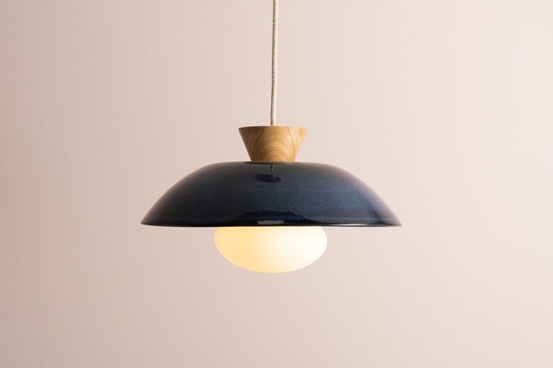 Blue Dawn Pendant Light in Ceramic and Oak image 1