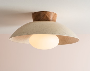 Speckled Cream Gloss Dawn Flush Mount Ceiling Light in Ceramic and Oak