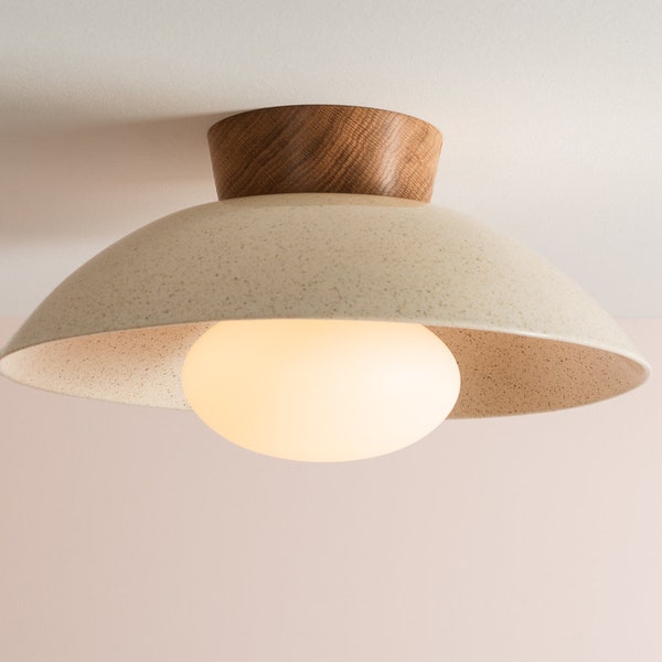 Speckled Cream Gloss Dawn Flush Mount Ceiling Light in Ceramic and Oak