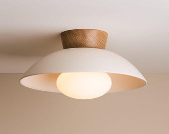White Dawn Flush Mount Ceiling Light in Ceramic and Oak