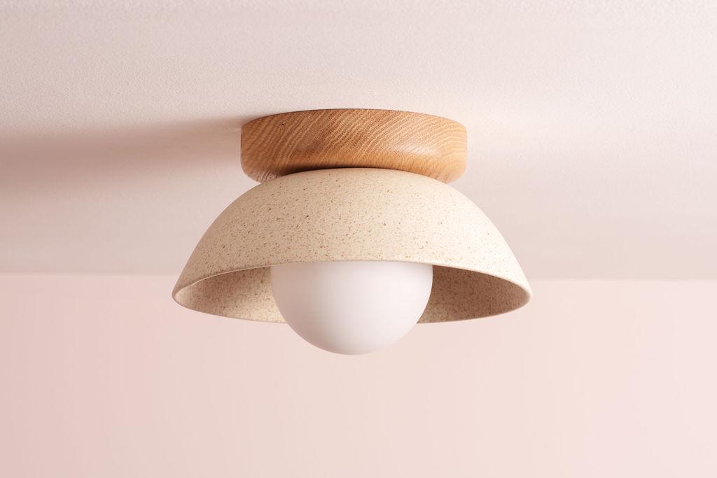 Speckled Cream Matt Small Dawn Ceiling Light in Ceramic and Oak