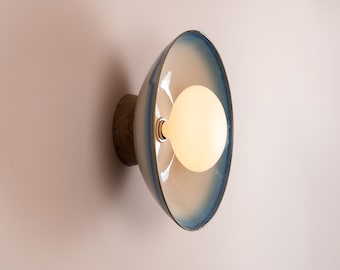 Blue & White Dawn Wall Light Sconce in Ceramic and Oak