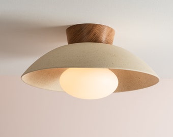 Speckled Cream Matt Dawn Flush Mount Ceiling Light in Ceramic and Oak