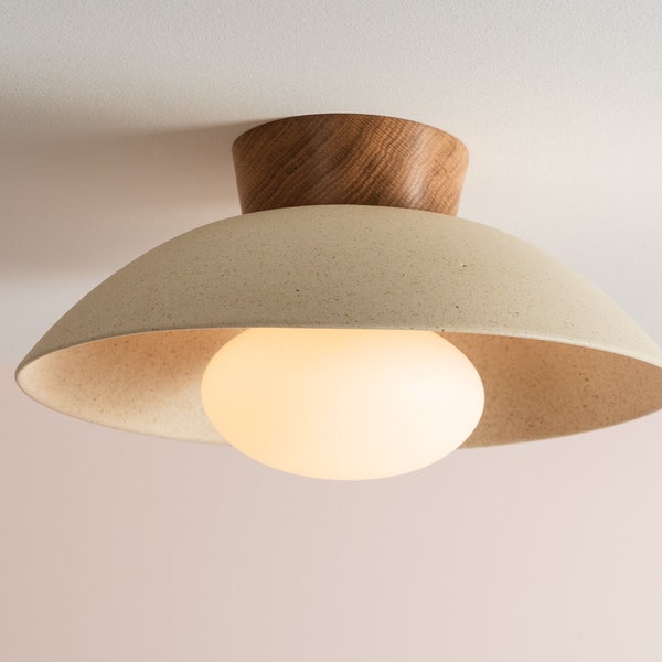 Speckled Cream Matt Dawn Flush Mount Ceiling Light in Ceramic and Oak