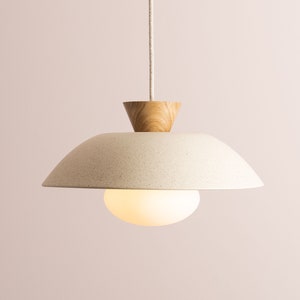 Speckled Cream Matt Dawn Pendant Light in Ceramic and Oak